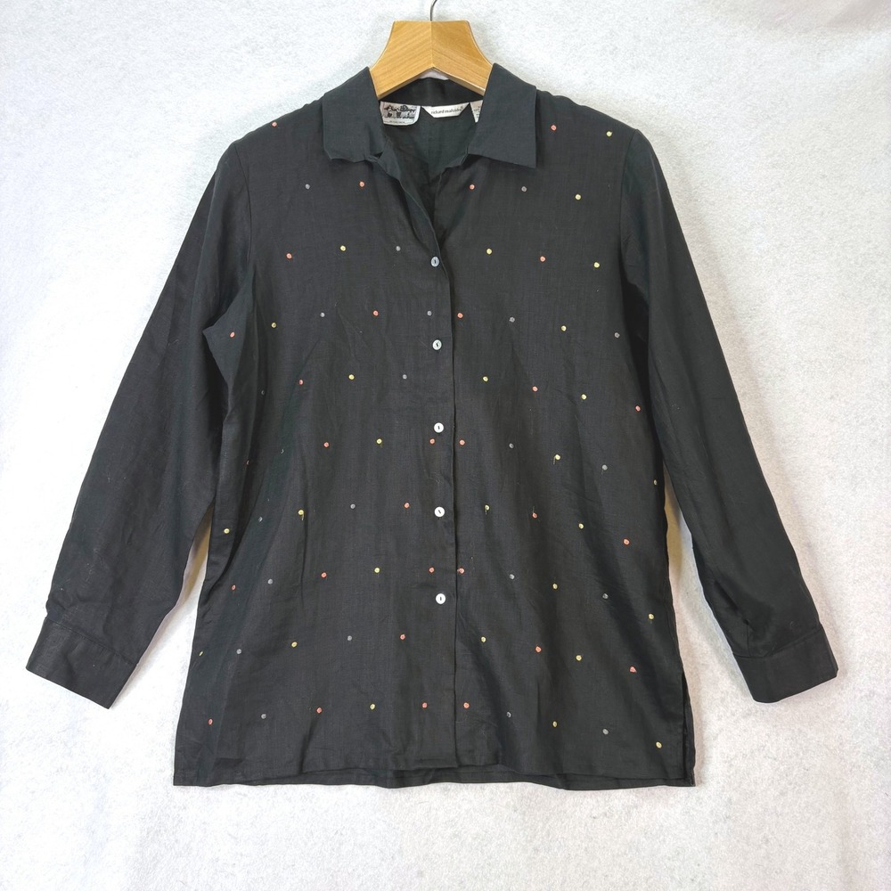 Richard Malcolm Irish Linen Polka Dot Shirt Black Women L Minimalist Coastal